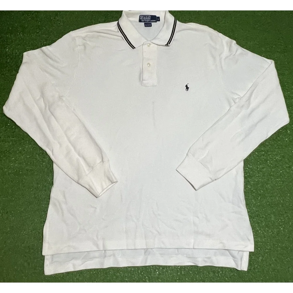 Vintage Polo Ralph Lauren Rugby Shirt L Heavy Cotton White Striped Collar Preppy